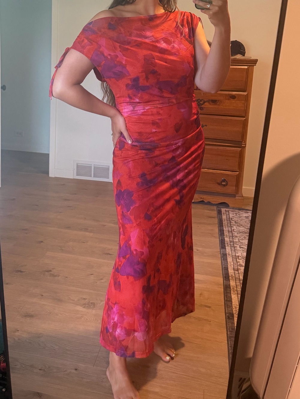Simplee Red Floral One-Shoulder Maxi Dress